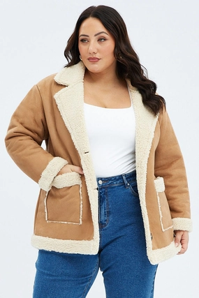 Camel Shearling Coat Faux Suede waterproof construction