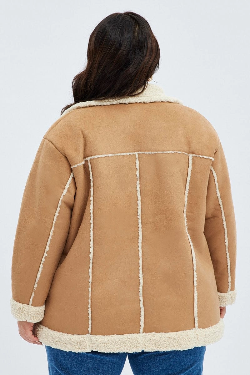 Camel Shearling Coat Faux Suede High Collar Design
