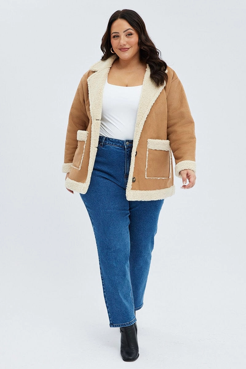 Camel Shearling Coat Faux Suede All Day Fit Ultraviolet Protection Factor