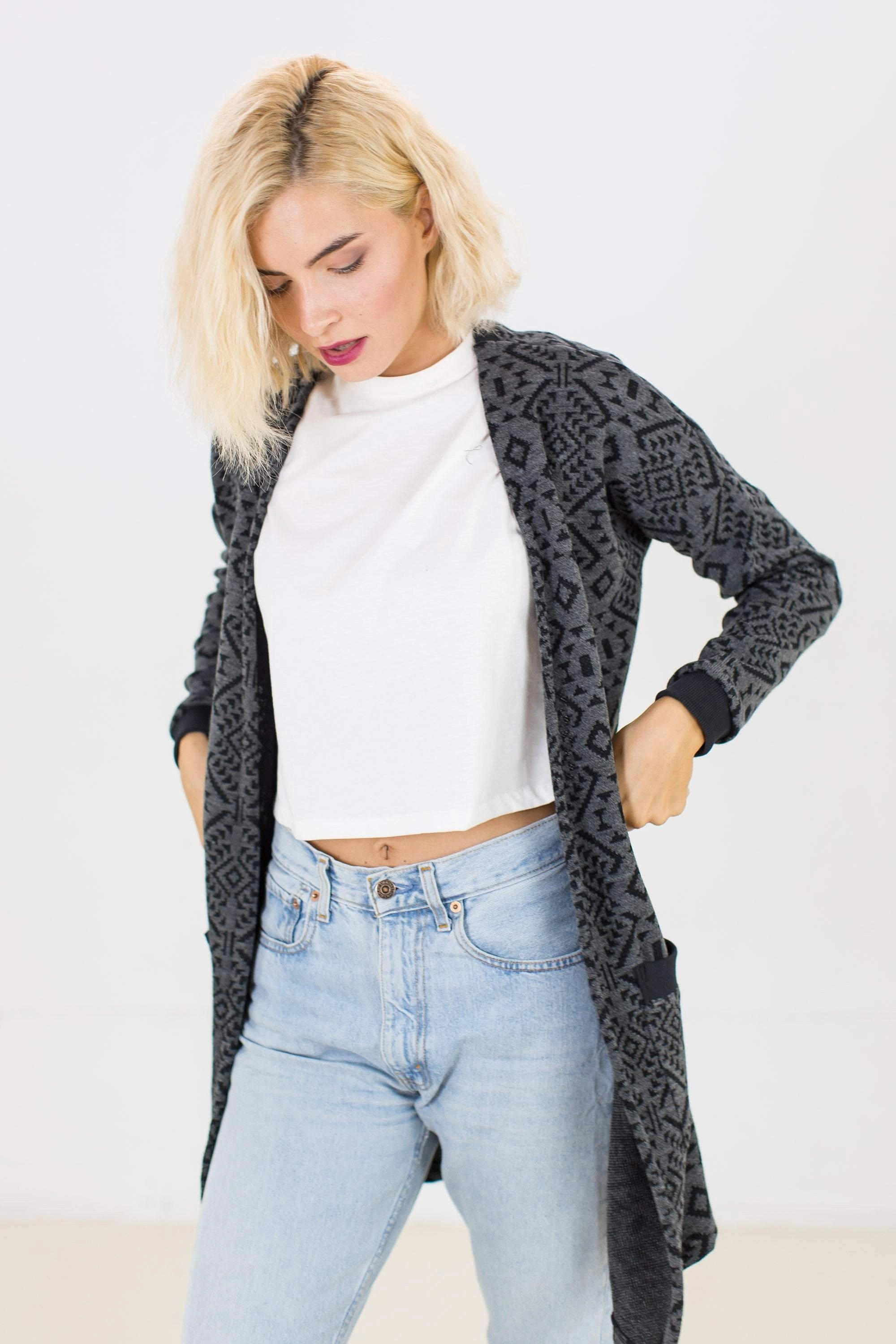 Flexible Fleece Lining Cardigan Mona in Black Aztec