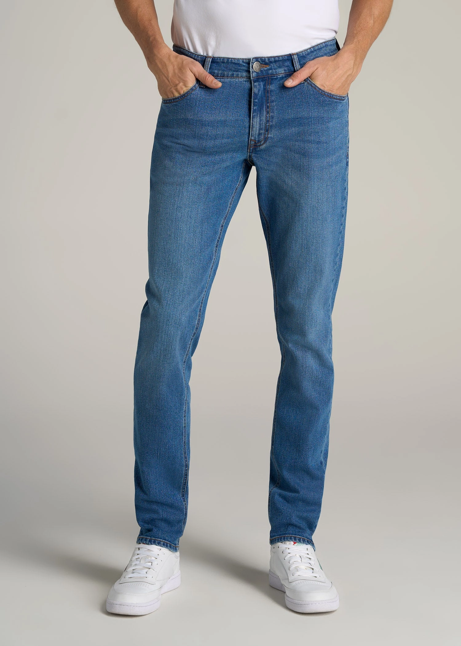 Carman TAPERED Jeans for Tall Men in Classic Mid Blue Modern Vibes Rainy Day Chill Outfit Nature Lover