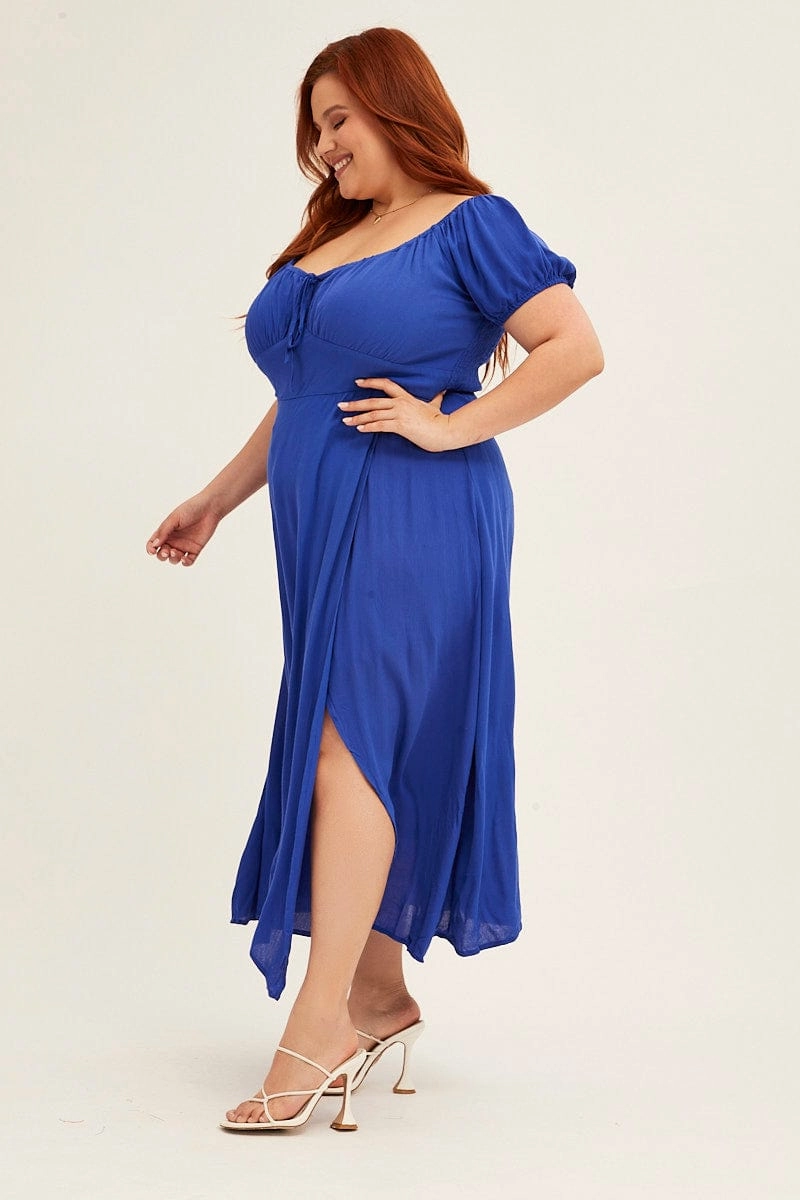 Azure Midi Dress Puff Sleeve With Split Crinkle Rayon Trendy Tailoring