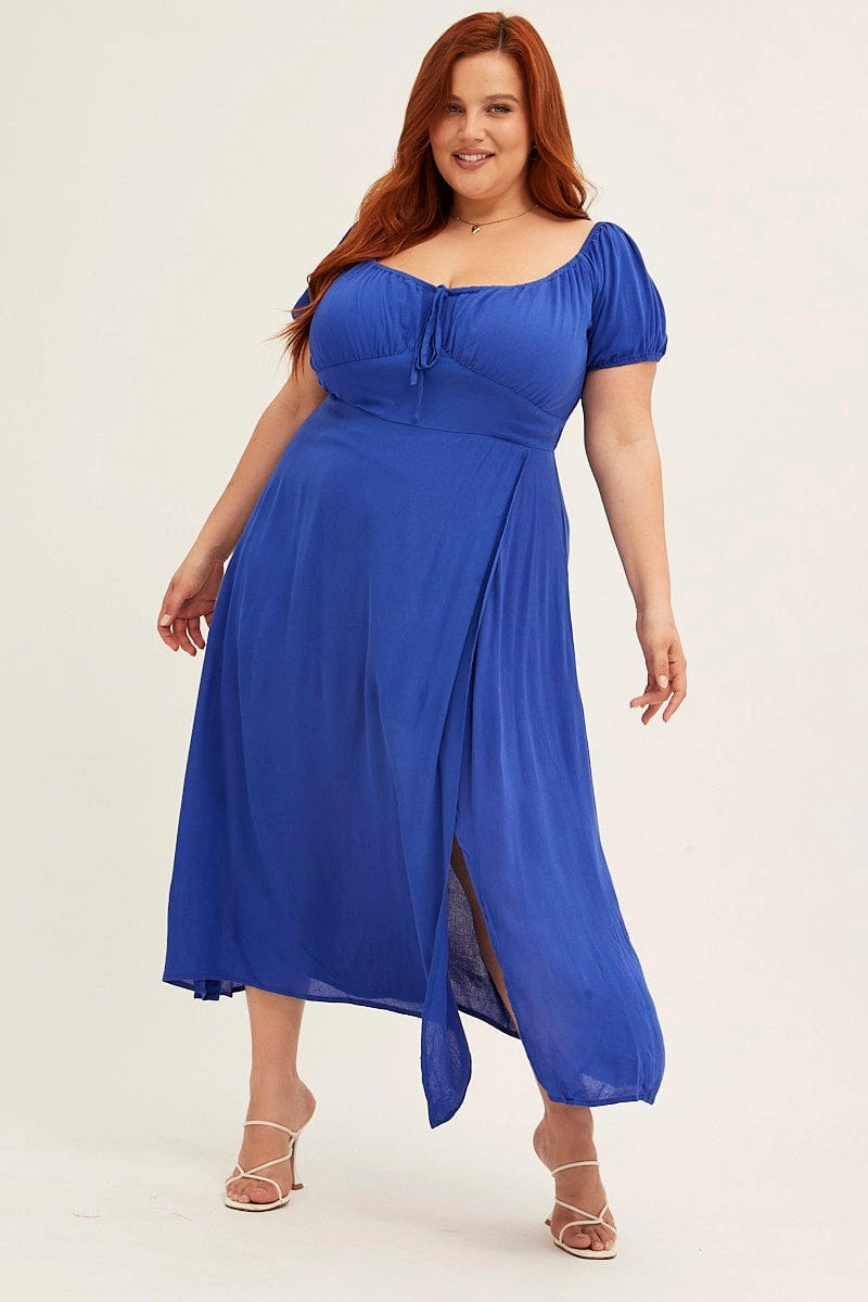 Daywear Comfort Minimalist Waistband Azure Midi Dress Puff Sleeve With Split Crinkle Rayon