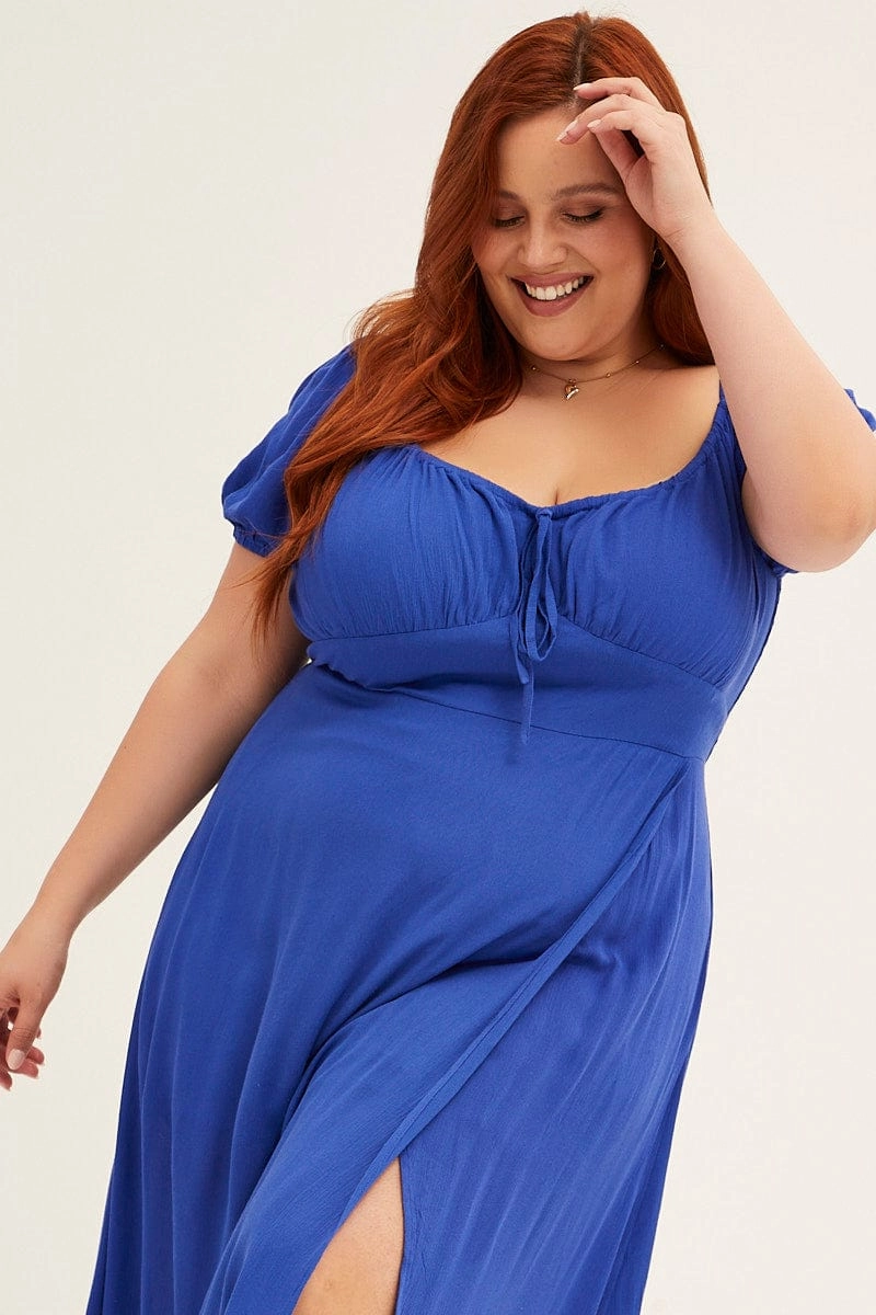 Azure Midi Dress Puff Sleeve With Split Crinkle Rayon Easy Pretty Work-to-Play Wear