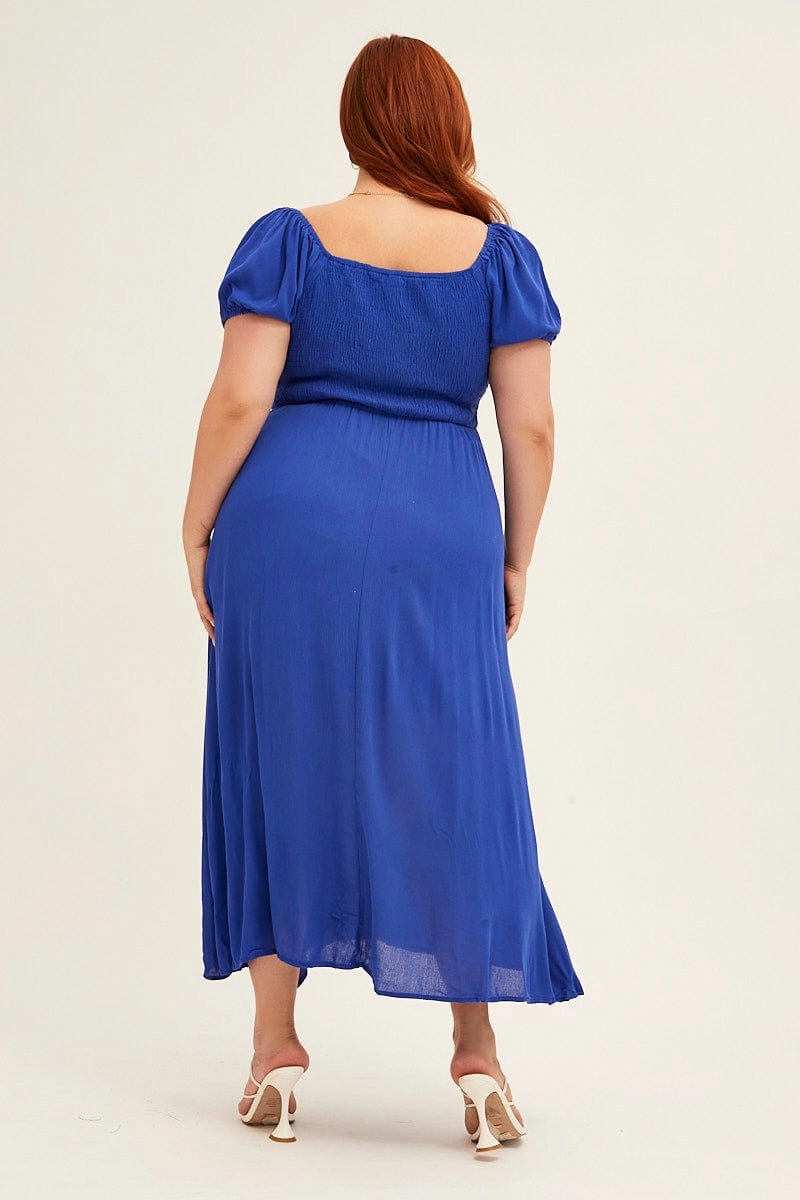 Azure Midi Dress Puff Sleeve With Split Crinkle Rayon Curve-Enhancing Photo Light