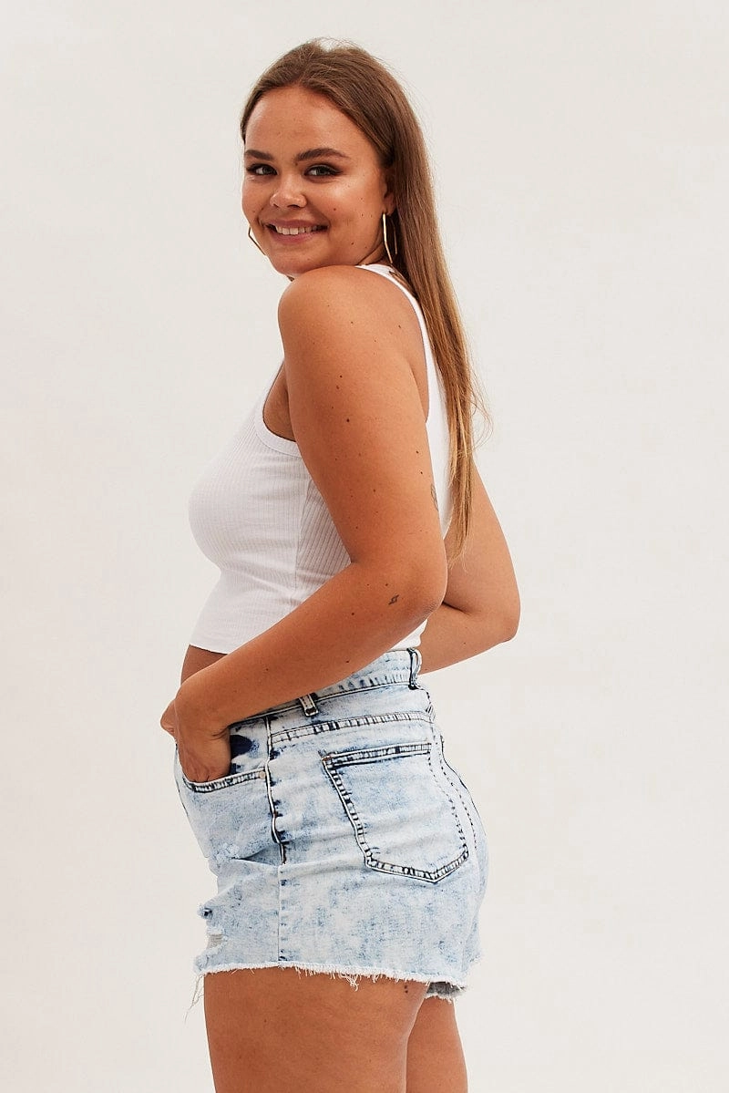 Snag Free Material Blue Skinny Denim Shorts Mid Rise