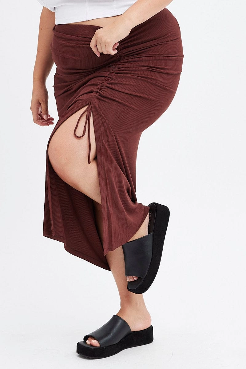 Sturdy Waistband Contemporary Mood Brown Midi Skirt Rib Ruched