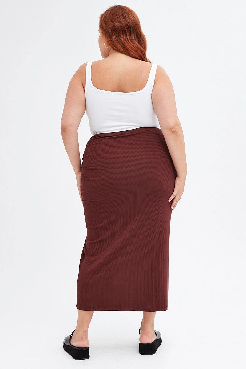 Brown Midi Skirt Rib Ruched Weekend Favorite Winter Staple