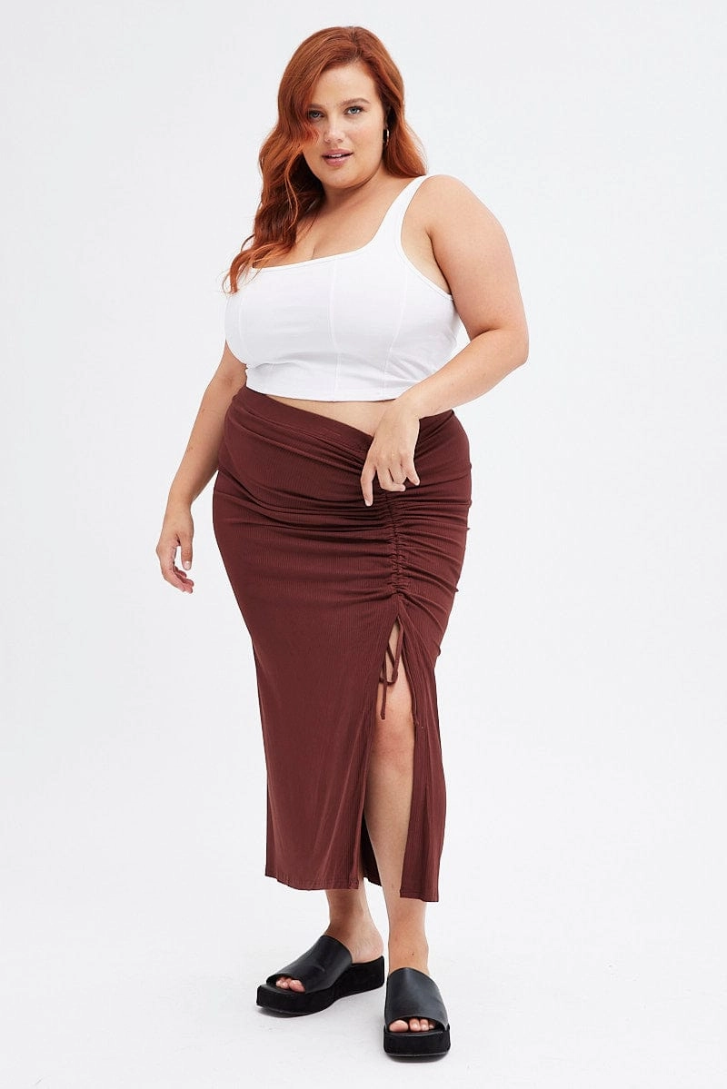 Pure Vibes Brown Midi Skirt Rib Ruched