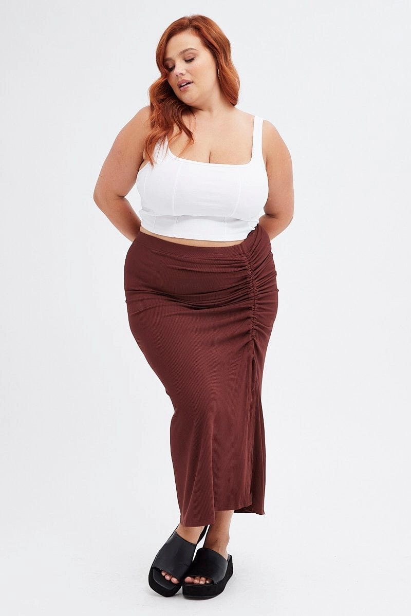 Brown Midi Skirt Rib Ruched Contrast Stitching