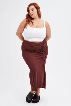 Brown Midi Skirt Rib Ruched Contrast Stitching