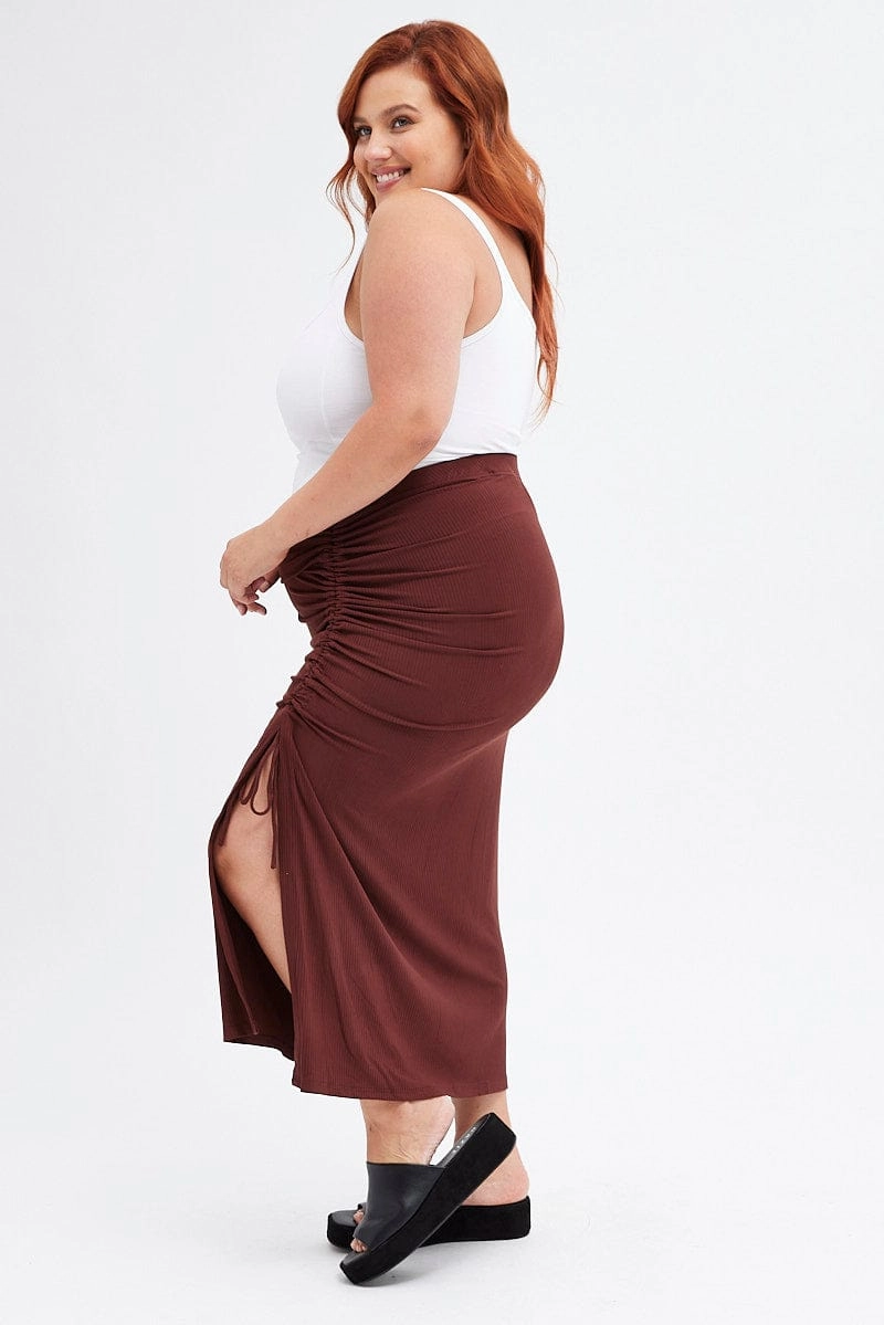 Brown Midi Skirt Rib Ruched Everyday Vibe