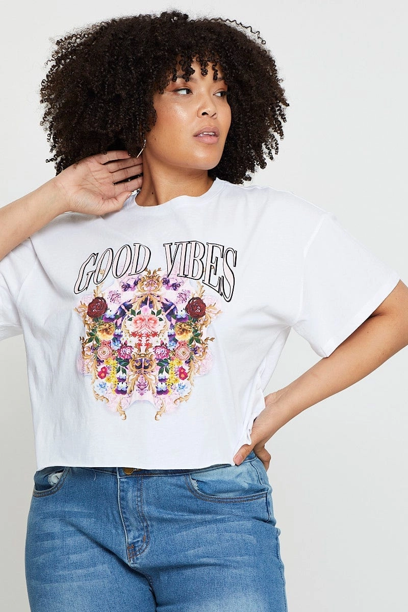 White Crop T-shirt Good Vibes Short Sleeve Cotton Semi Layered Neckline Casual Flex