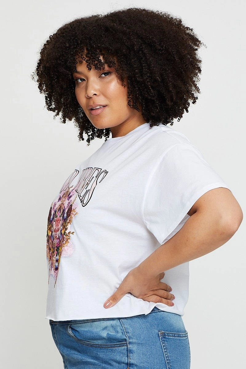 White Crop T-shirt Good Vibes Short Sleeve Cotton Semi Adjustable Hem Spring Wear