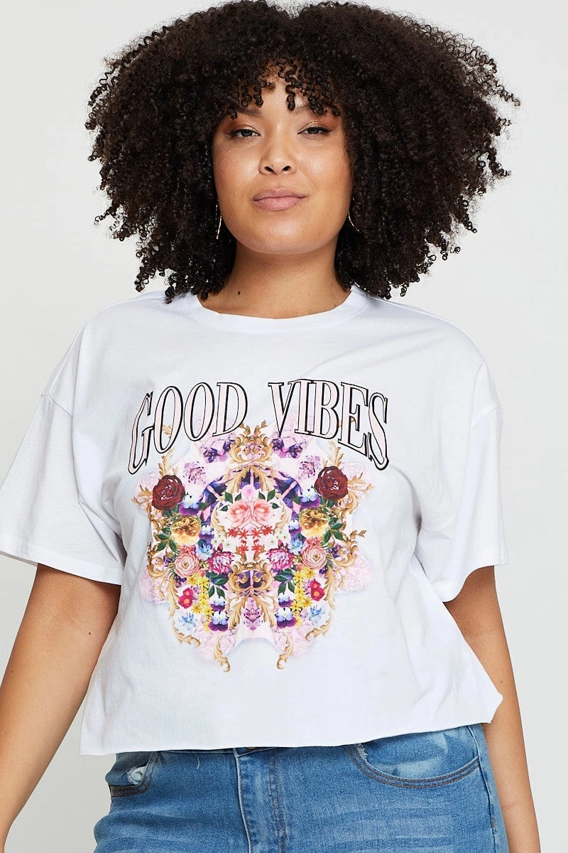 White Crop T-shirt Good Vibes Short Sleeve Cotton Semi Cozy and Fashionable