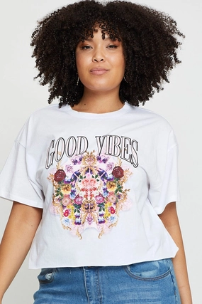 White Crop T-shirt Good Vibes Short Sleeve Cotton Semi Cozy and Fashionable
