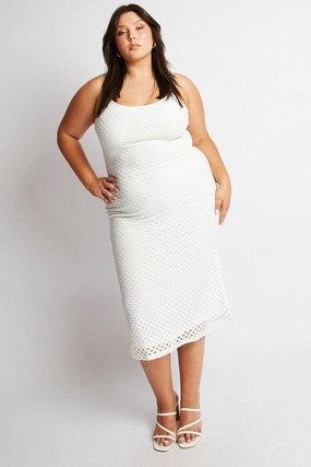 Tonal-Stitching Sharp Mood White Open Knit Bodycon Maxi Dress