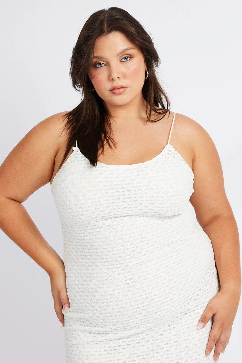 Nature Inspired Chill Lines White Open Knit Bodycon Maxi Dress