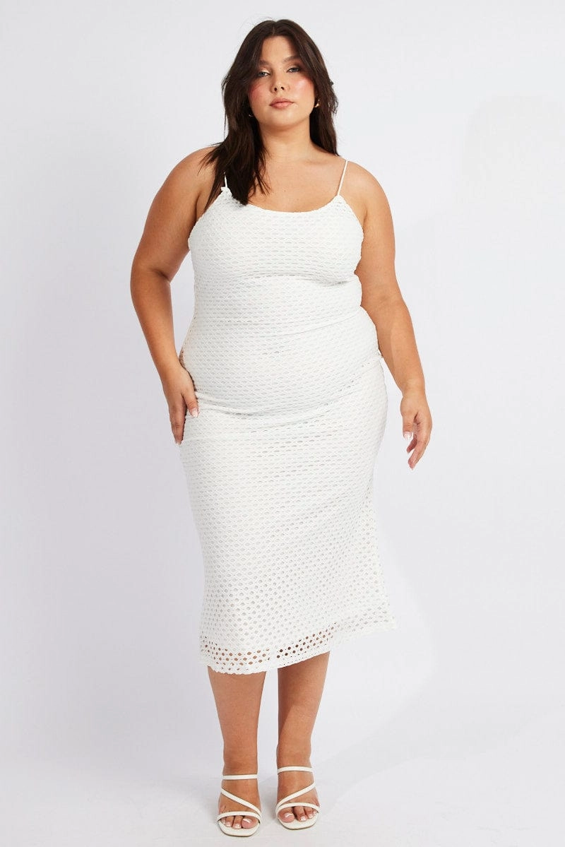 Empire Waist White Open Knit Bodycon Maxi Dress