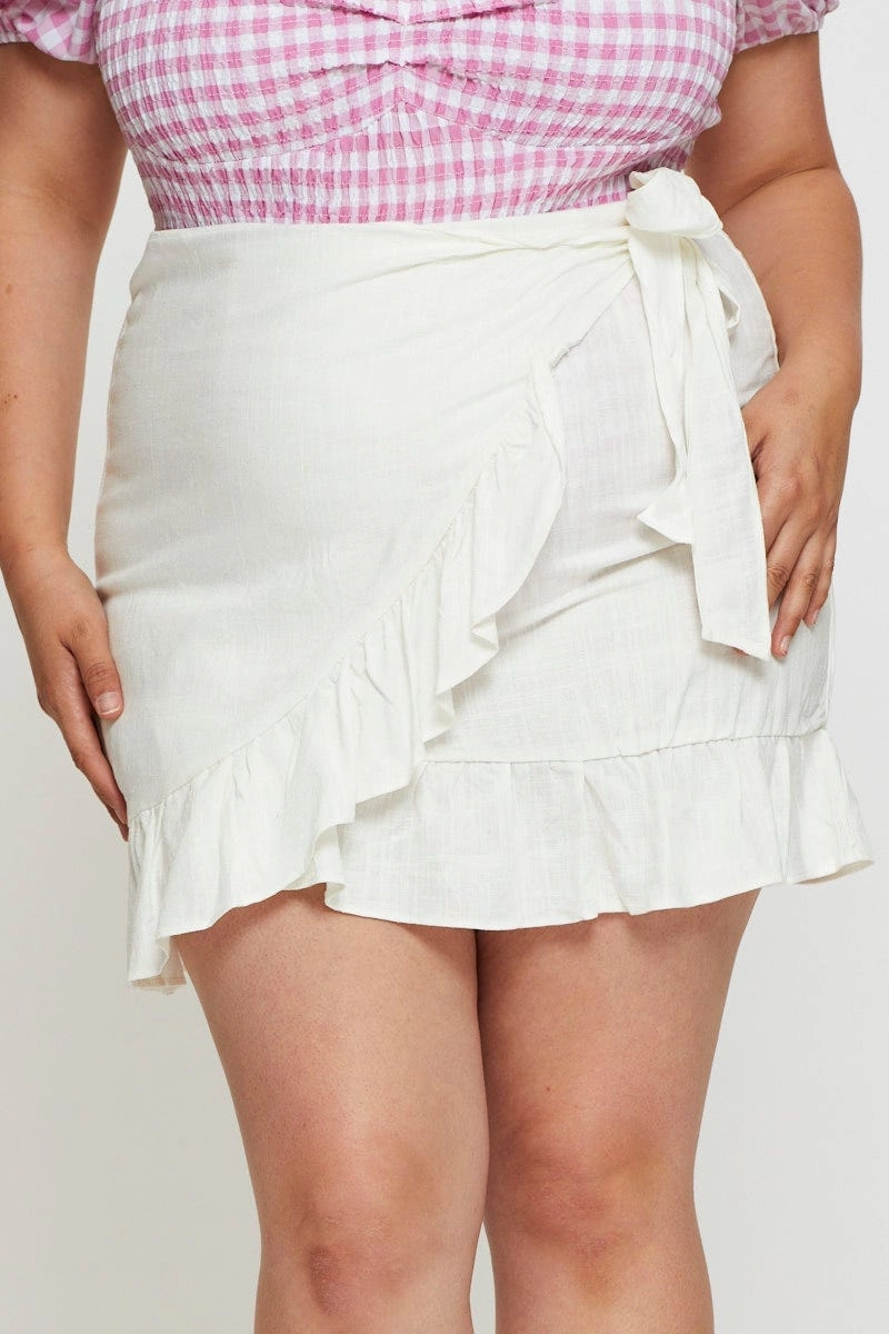 Elegant Look Lightweight texture White Wrap Skirt Linen Blend Ruffle Hem