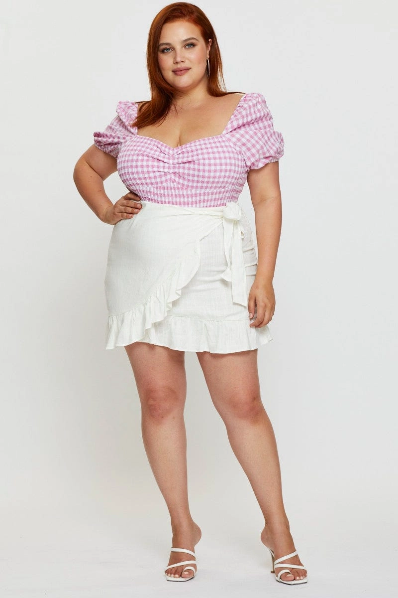 White Wrap Skirt Linen Blend Ruffle Hem Fade Resistant Cloth