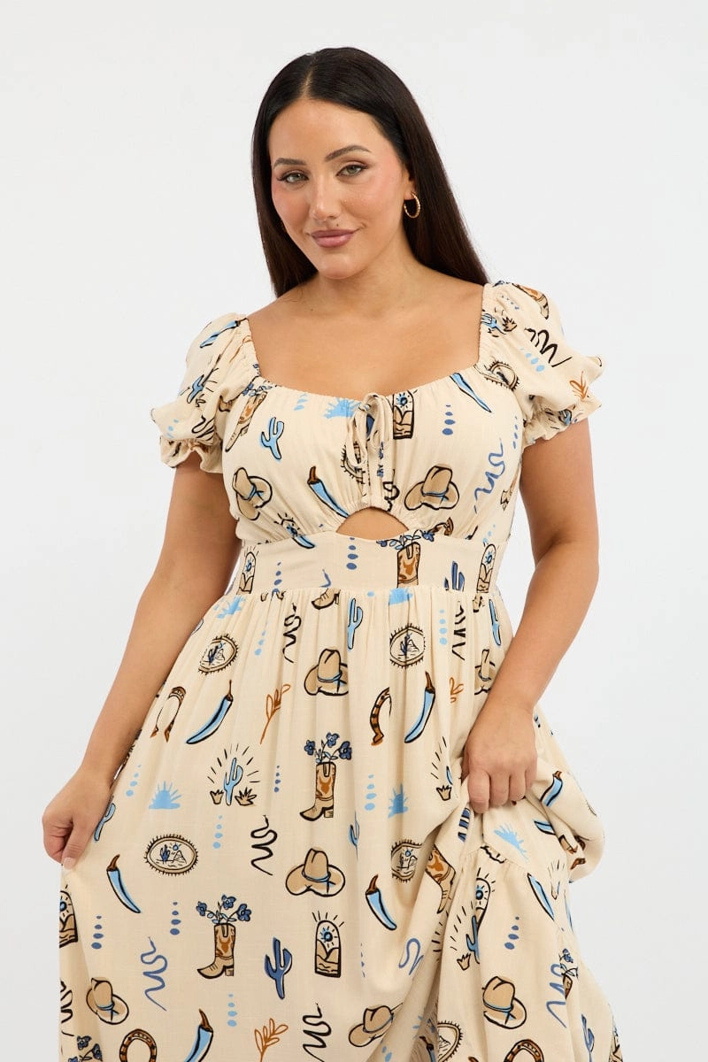 Timeless Appeal Baby-Shower Beige Abstract Midi Dress Short Sleeve Cut Out Linen Blend
