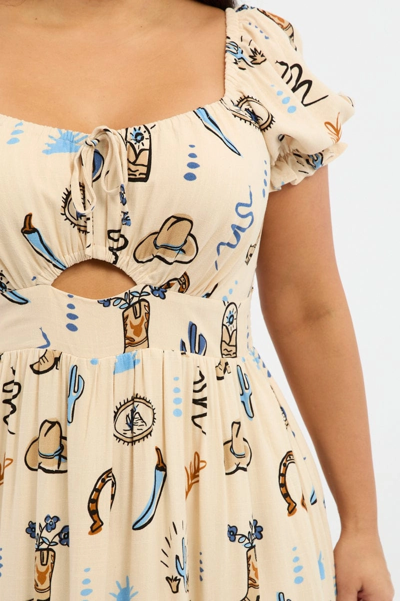 Beige Abstract Midi Dress Short Sleeve Cut Out Linen Blend Comfortable Waist Design Fit Dinner Outfit