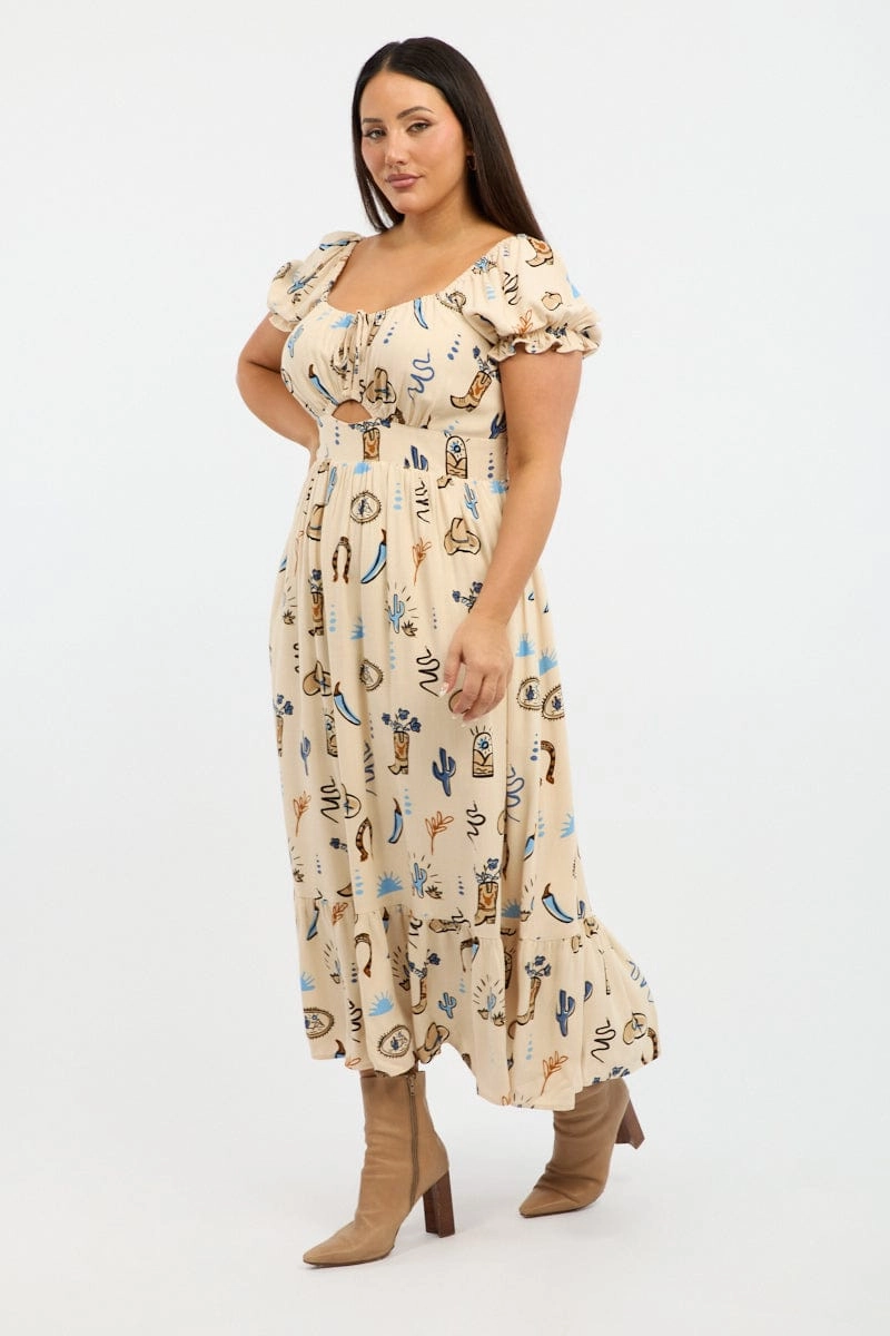 Beige Abstract Midi Dress Short Sleeve Cut Out Linen Blend Anti-Static-Finish