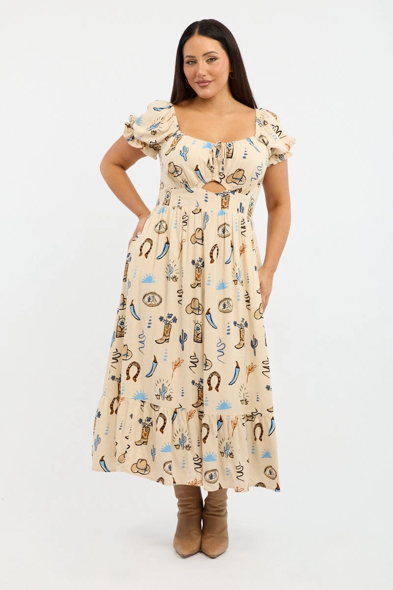Inner Smile Beige Abstract Midi Dress Short Sleeve Cut Out Linen Blend