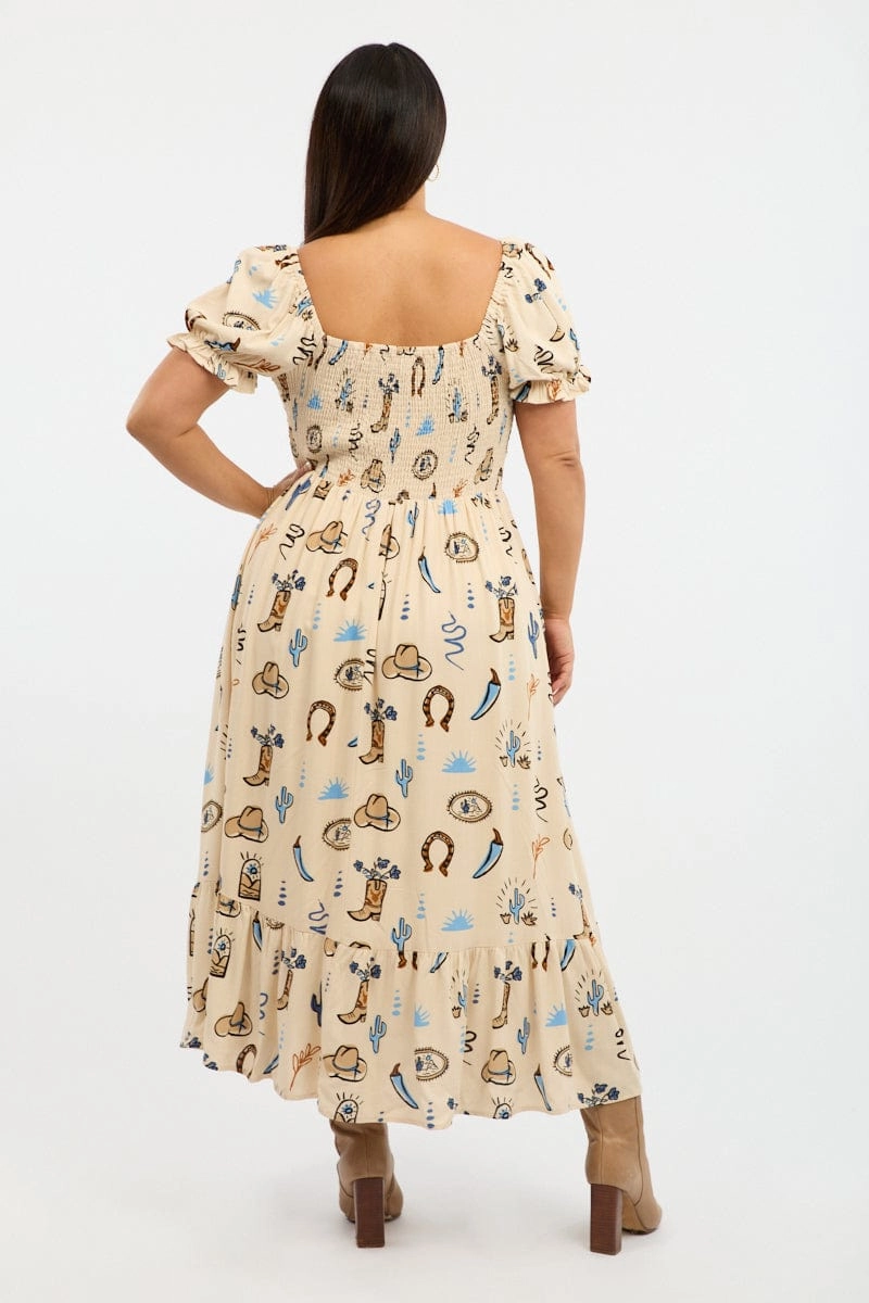 Compressible Beige Abstract Midi Dress Short Sleeve Cut Out Linen Blend