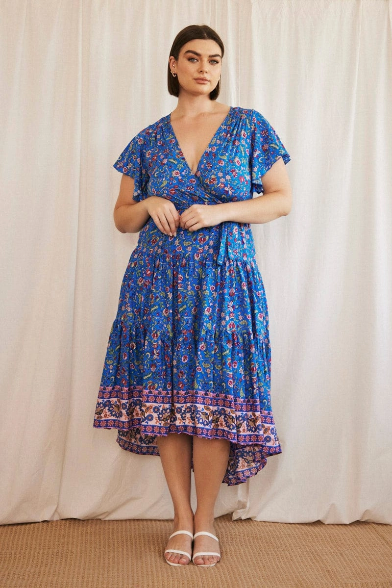 Blue Boho Midi Dress Short Sleeve Wrap Front Quick Outfit