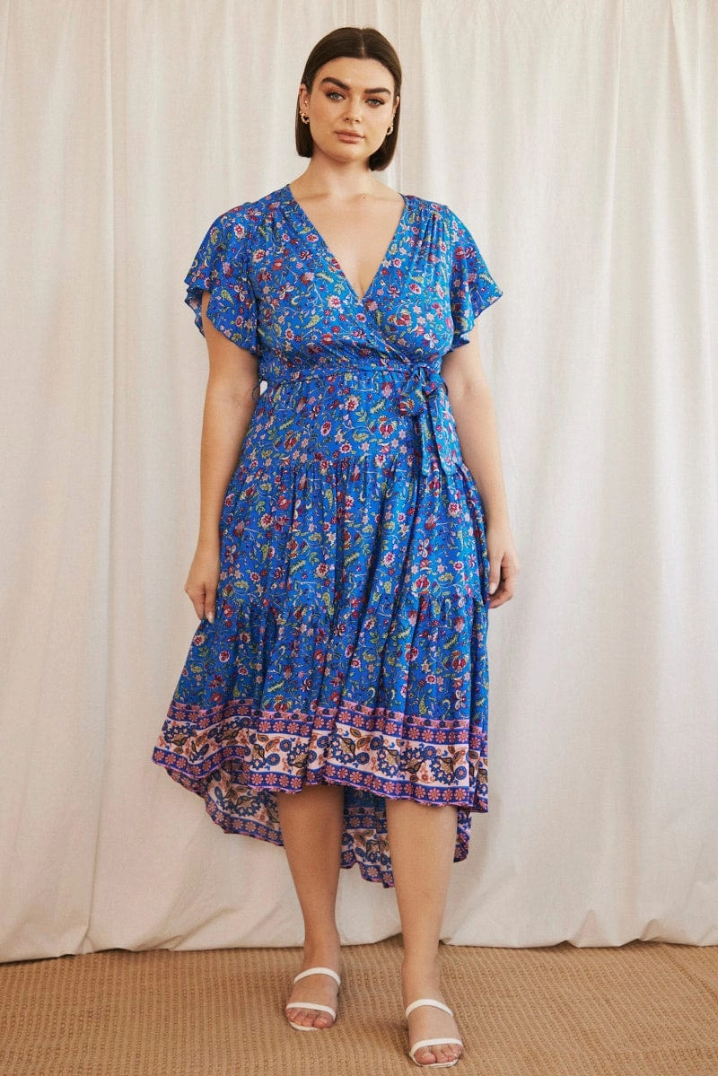 Smooth Finish Blue Boho Midi Dress Short Sleeve Wrap Front