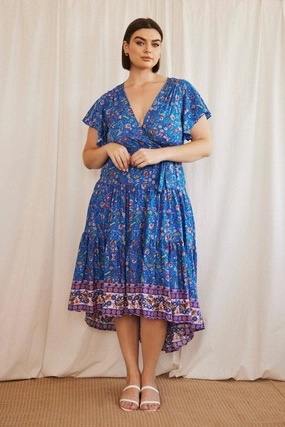 Blue Boho Midi Dress Short Sleeve Wrap Front Quick Outfit