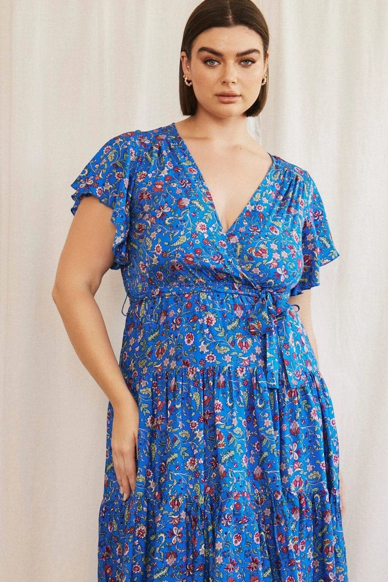 Soft Material Blue Boho Midi Dress Short Sleeve Wrap Front
