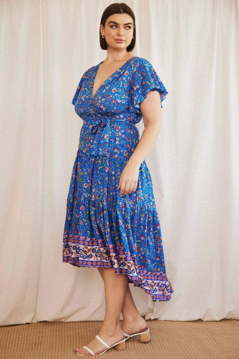 Modern Texture Bishop-Sleeve Blue Boho Midi Dress Short Sleeve Wrap Front