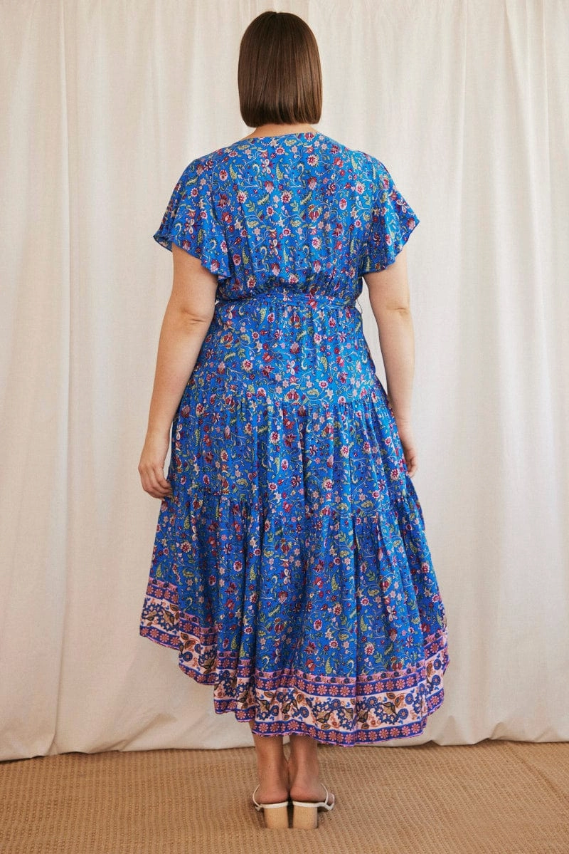 Silky Movement Blue Boho Midi Dress Short Sleeve Wrap Front