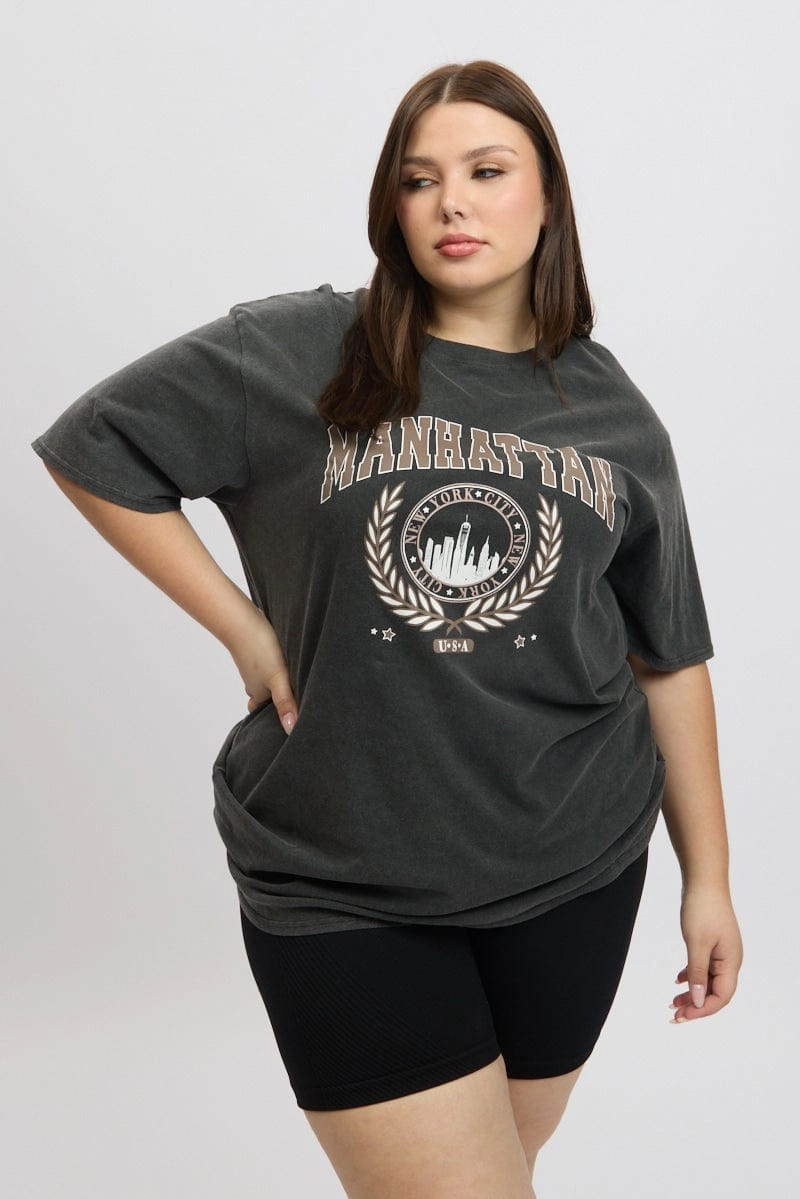 Grey Graphic T-shirt Short Sleeve Crew Neck Lint Resistant Surface