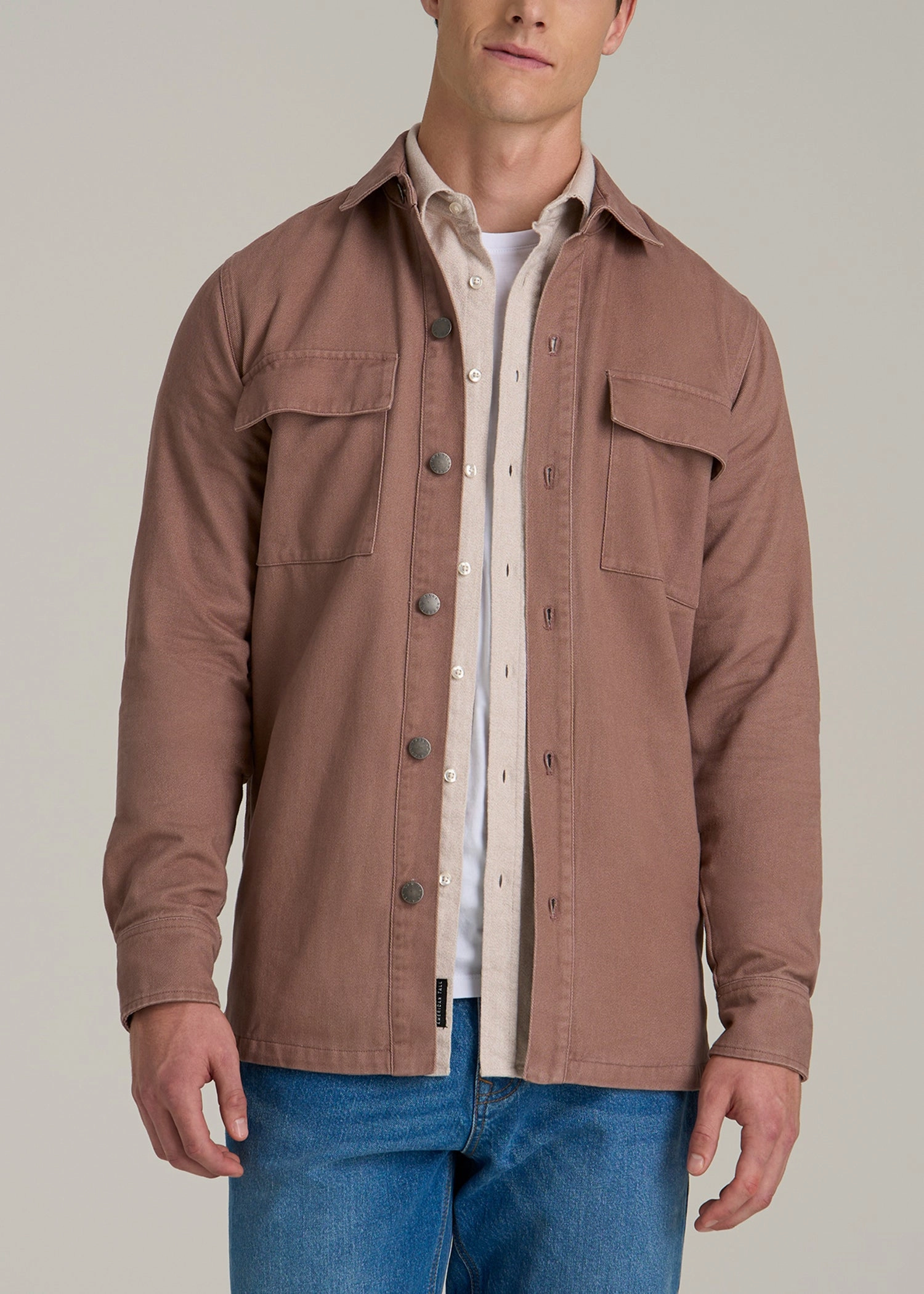 Casual Twill Shirt Jacket for Tall Men in Nutmeg ReinforcedElbows
