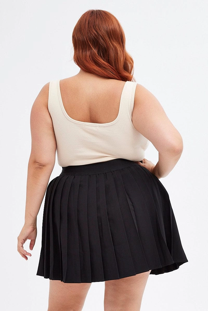 Black Tennis Skirt Pleated Elastic Waist Wool blend