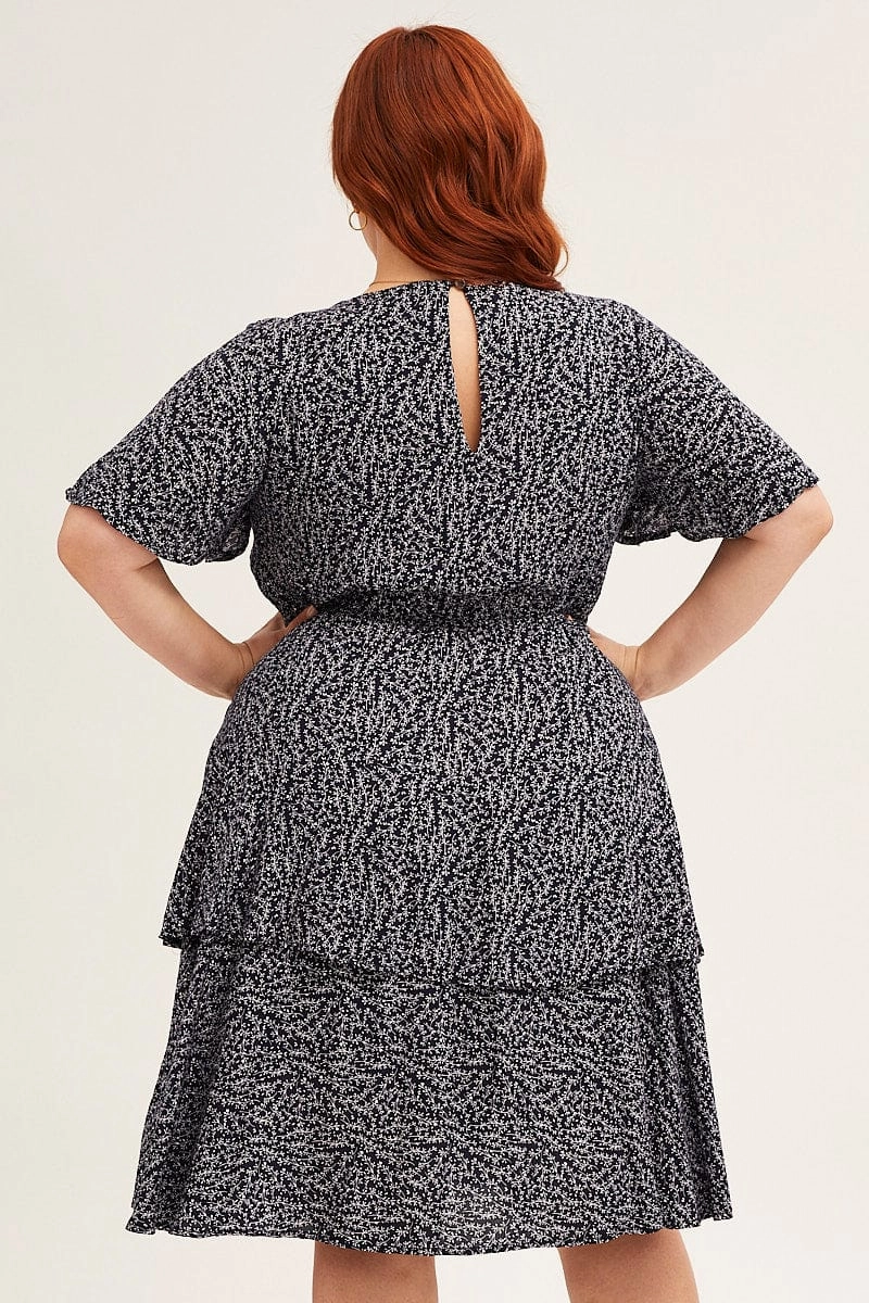 Everyday-Comfort Family Joy Ditsy Print Navy Ditsy Print Short Sleeve V-neck Mini Dress