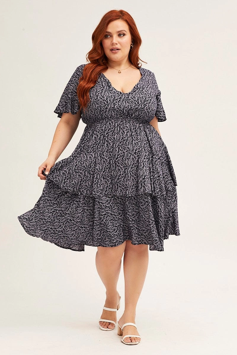 Ditsy Print Navy Ditsy Print Short Sleeve V-neck Mini Dress Cool Undertone