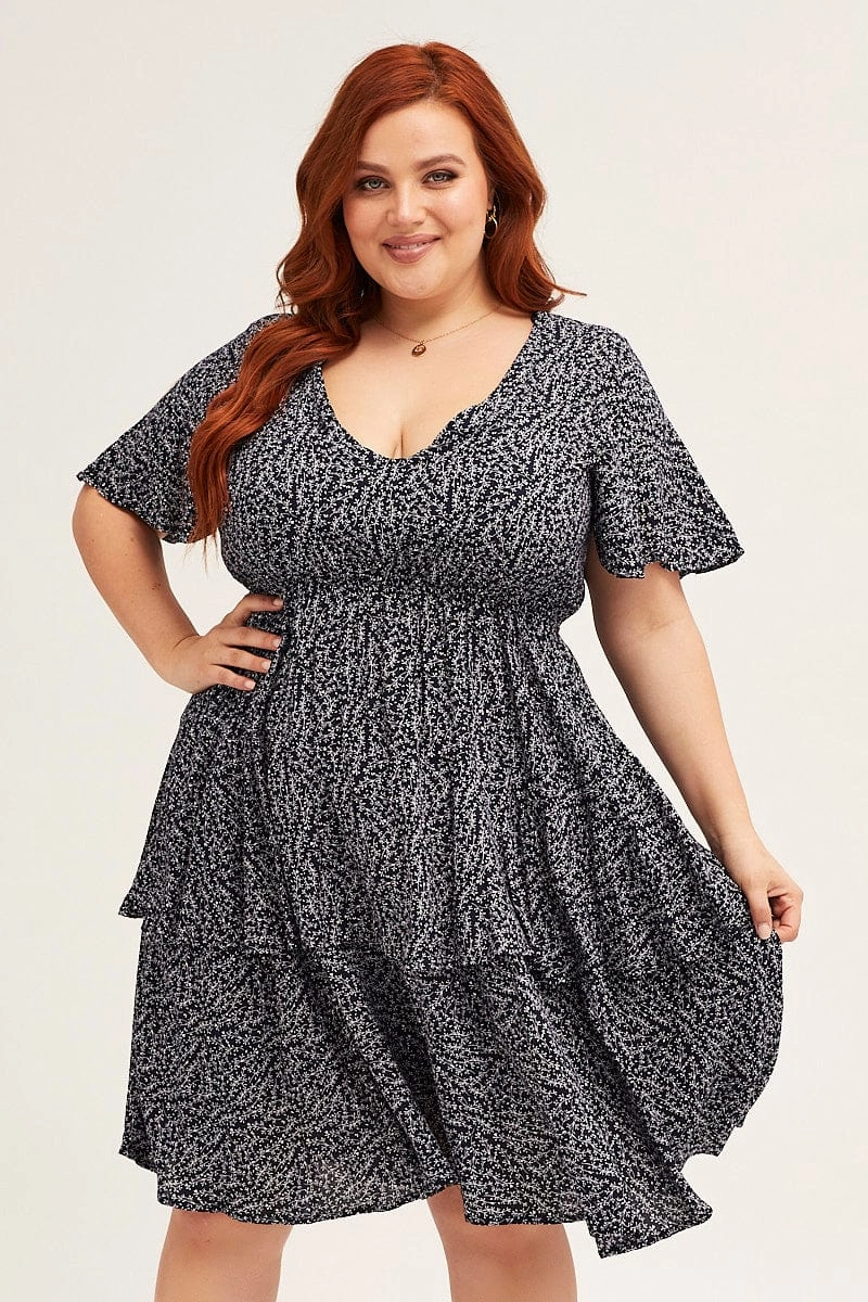 Ditsy Print Navy Ditsy Print Short Sleeve V-neck Mini Dress Color Soft
