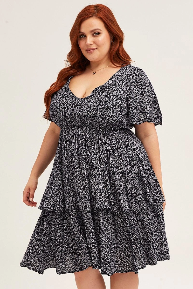 Beaded-Edge Ditsy Print Navy Ditsy Print Short Sleeve V-neck Mini Dress