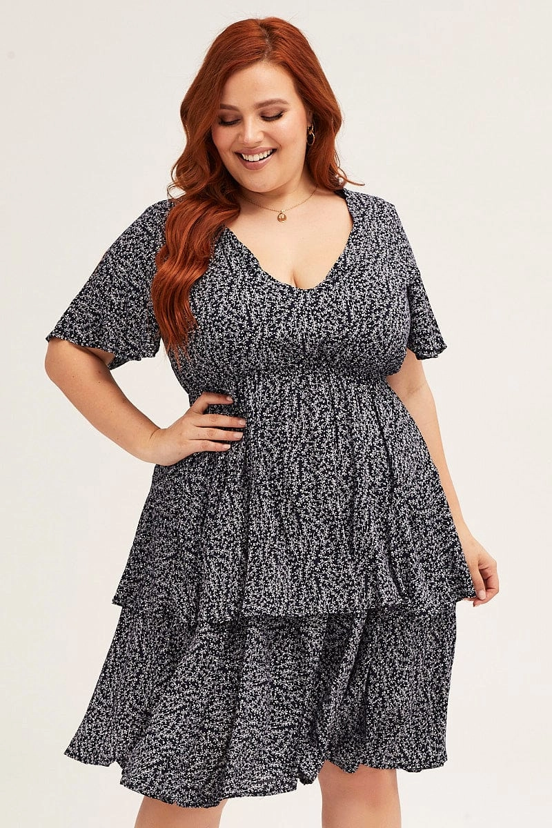 Simple yet sophisticated gown Ditsy Print Navy Ditsy Print Short Sleeve V-neck Mini Dress