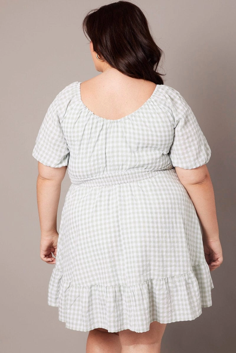 Green Check Tiered Mini Dress Shirred Back With Pockets Grace Soft