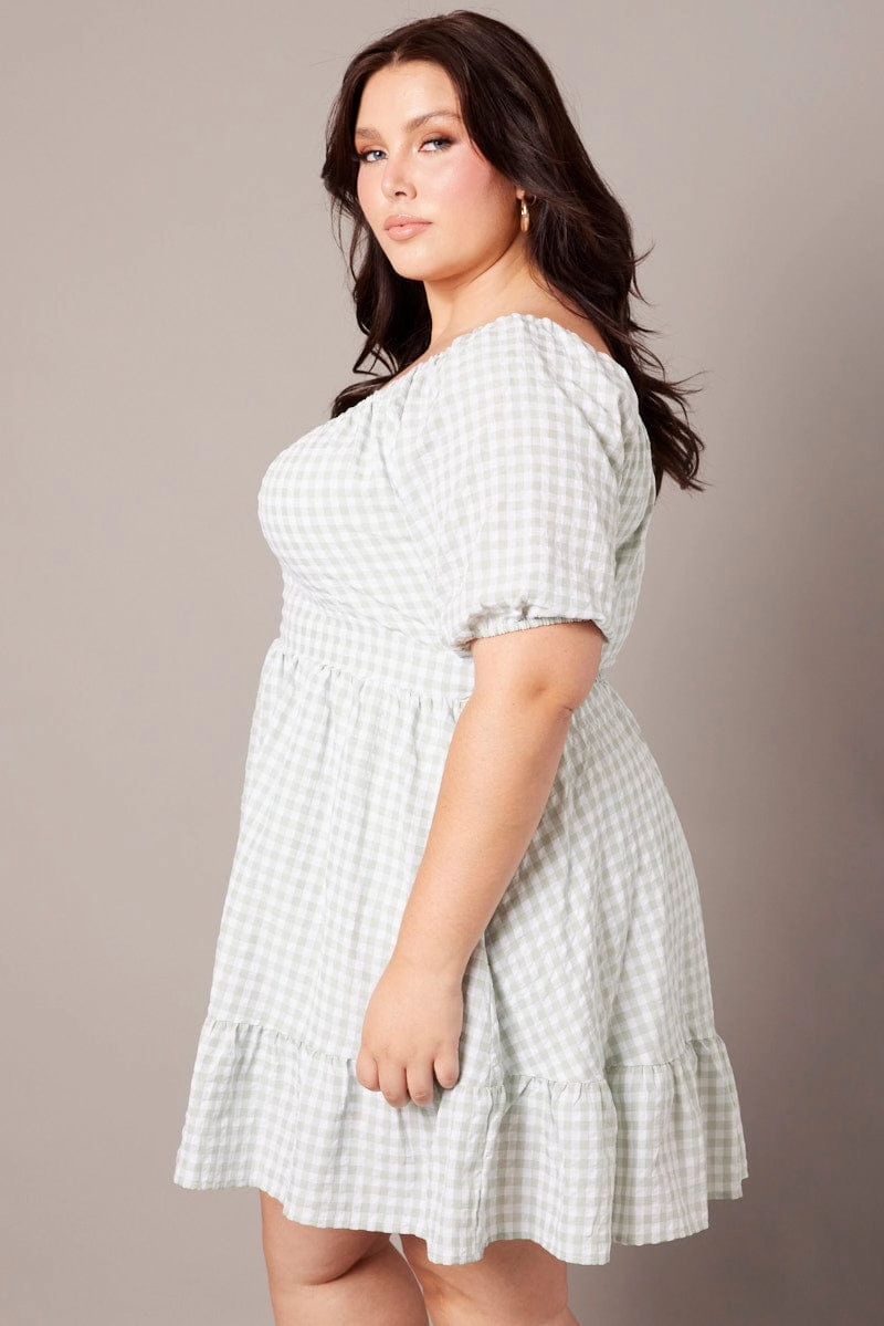 Green Check Tiered Mini Dress Shirred Back With Pockets All Day All Day Ready