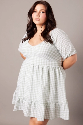 Fashion Fit Modern Fit Green Check Tiered Mini Dress Shirred Back With Pockets