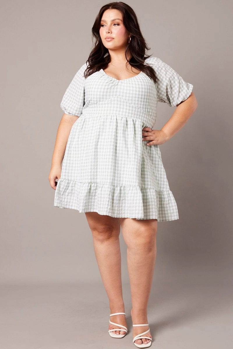 Green Check Tiered Mini Dress Shirred Back With Pockets Joyful Look Floral Comfort
