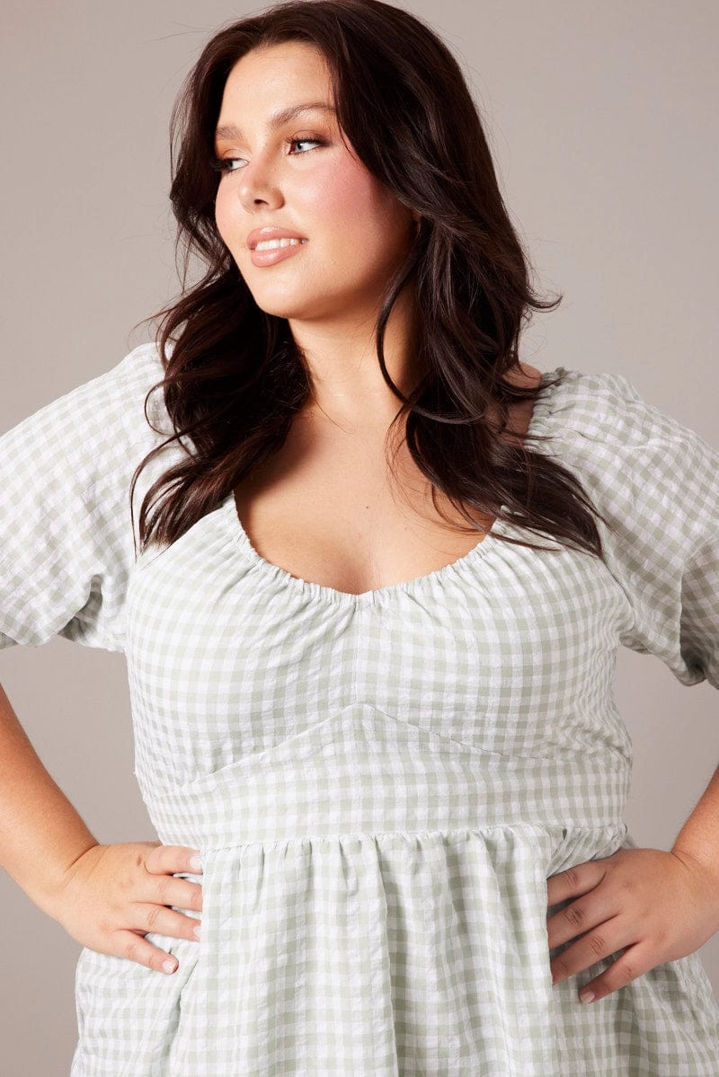 Refined Presence Green Check Tiered Mini Dress Shirred Back With Pockets