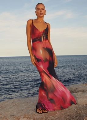 Charley Maxi Dress - Pink Print Shiny Zip